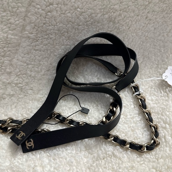 CHANEL Accessories - CHANEL Black Leather with Gold Chain Belt